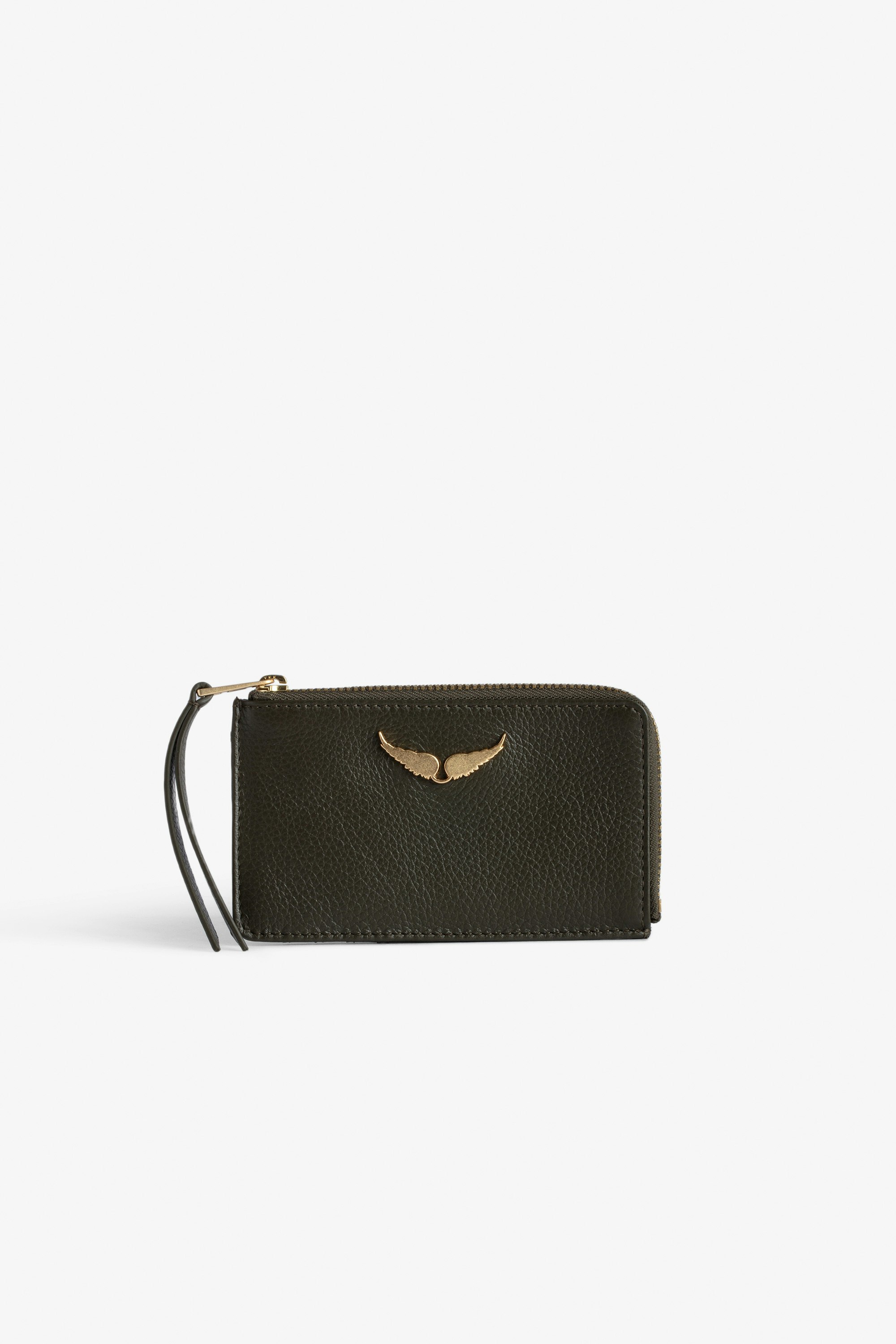 ZV Card Card Holder - Women’s khaki grained leather card holder with wings charm.