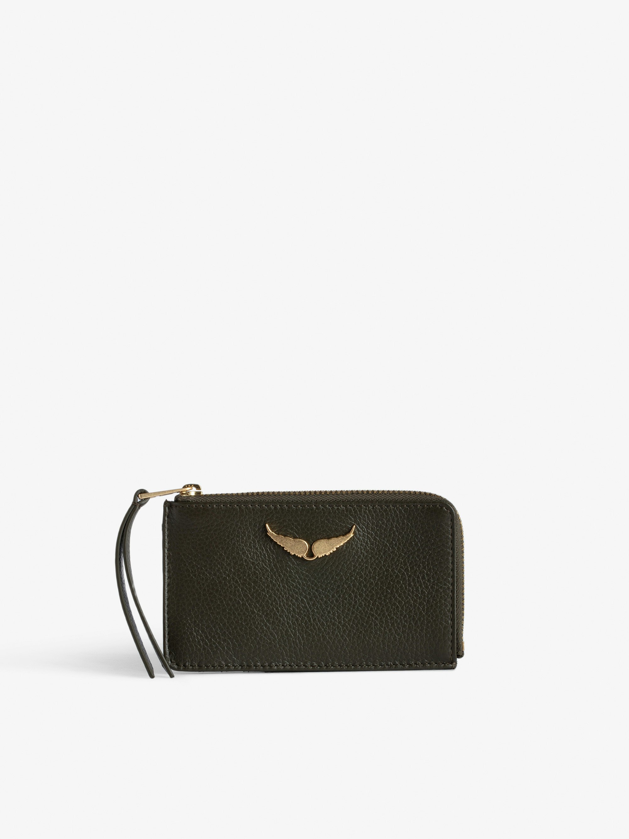 ZV Card Card Holder - Women’s khaki grained leather card holder with wings charm.