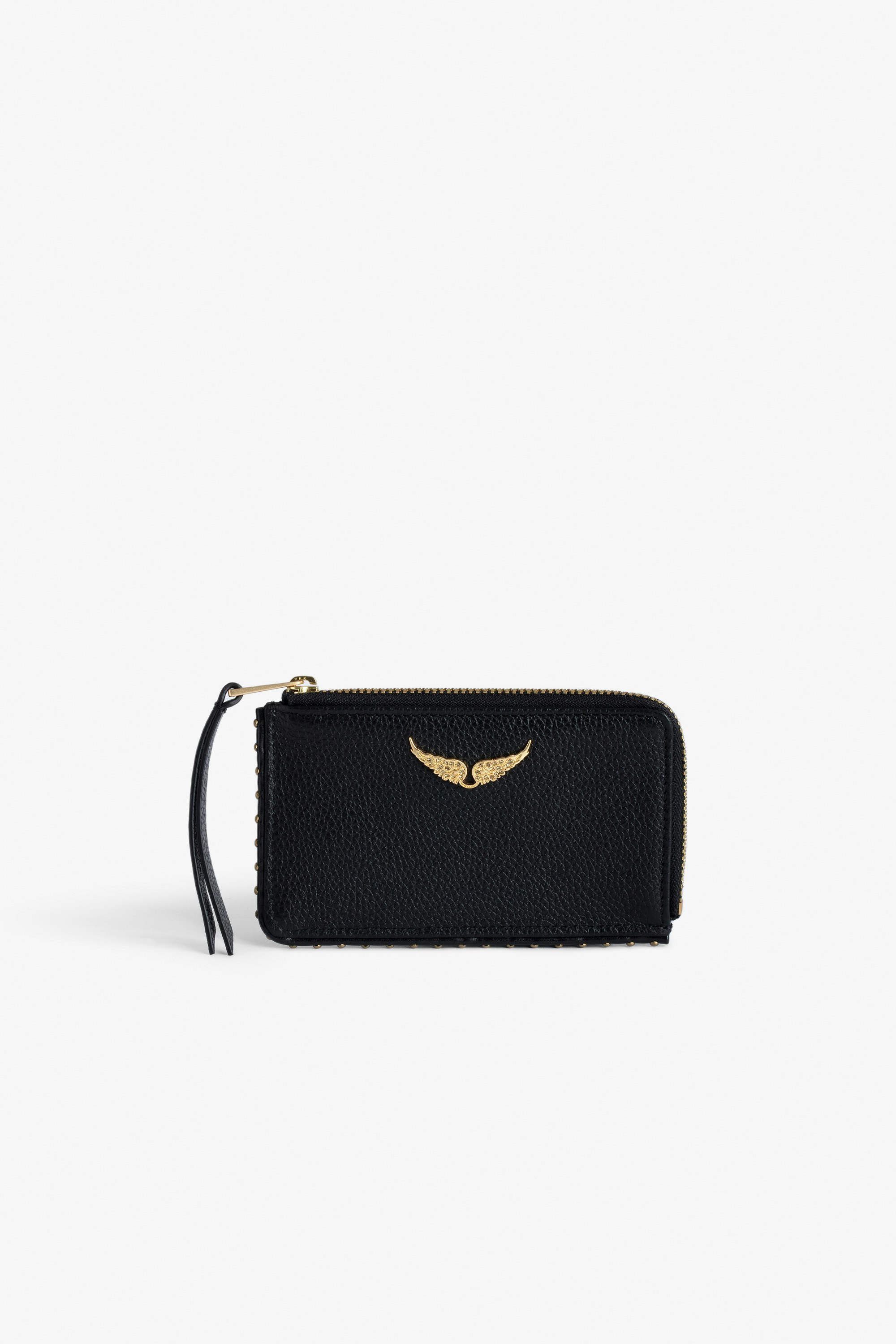 ZV Card 財布 Women’s black grained leather card holder with studded trim and wings charm.