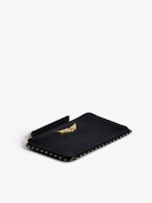 ZV Card Cardholder - Women’s black grained leather card holder with studded trim and wings charm.