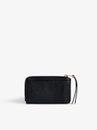 ZV Card Cardholder - Women’s black grained leather card holder with studded trim and wings charm.