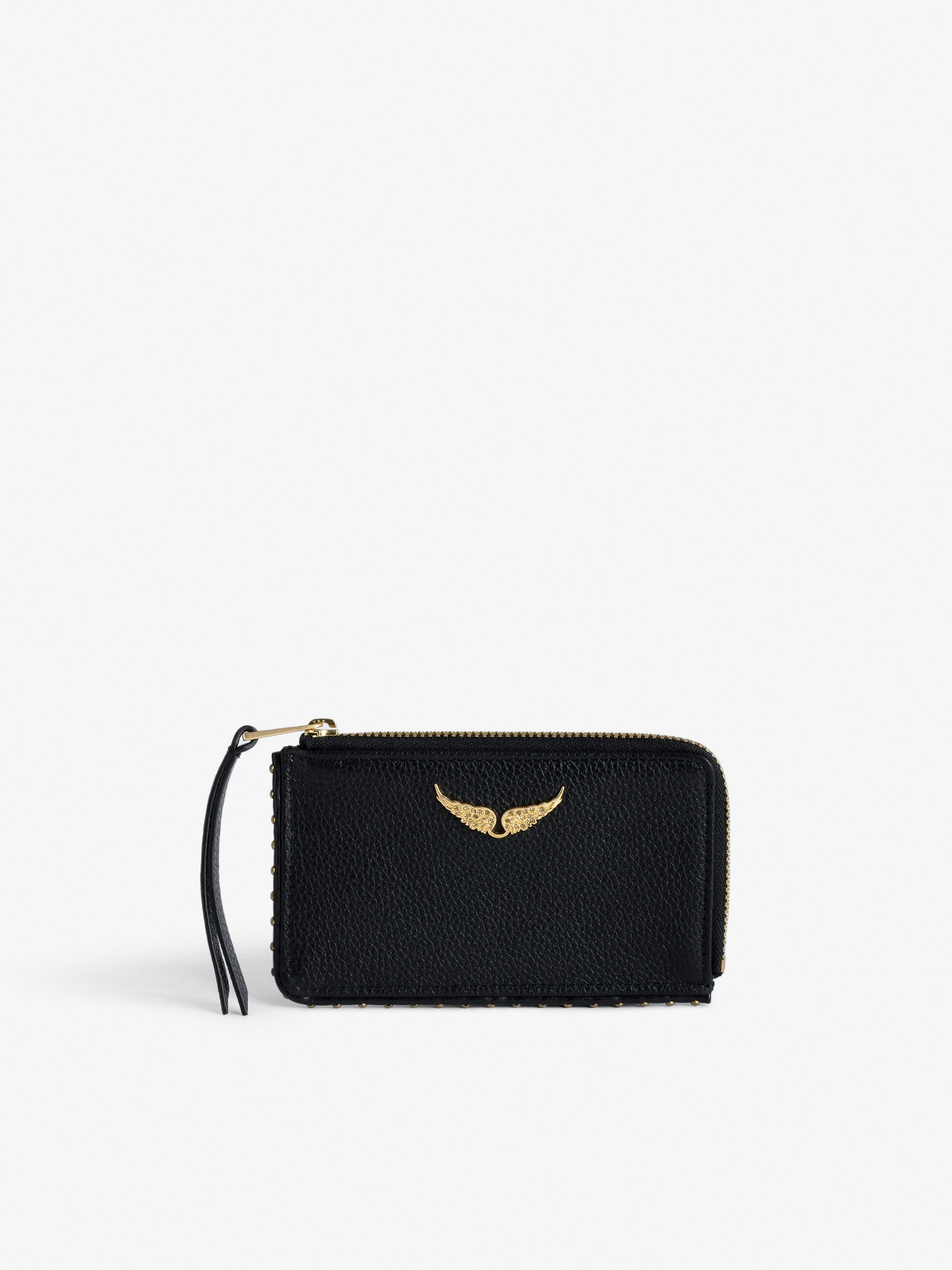 ZV Card Card Holder - Women’s black grained leather card holder with studded trim and wings charm.