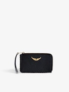 ZV Card Cardholder - Women’s black grained leather card holder with studded trim and wings charm.
