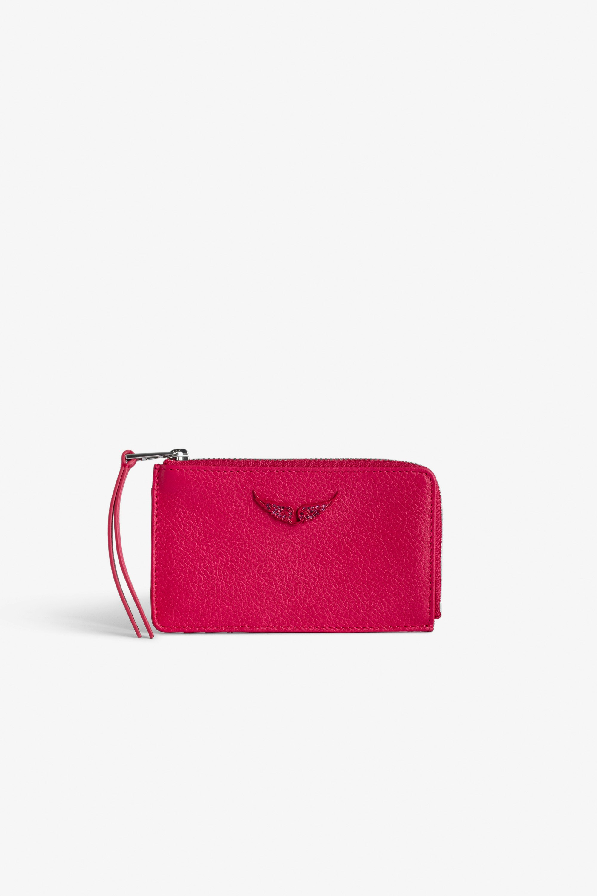 ZV Card 財布 Women’s pink grained leather card holder with wings charm.