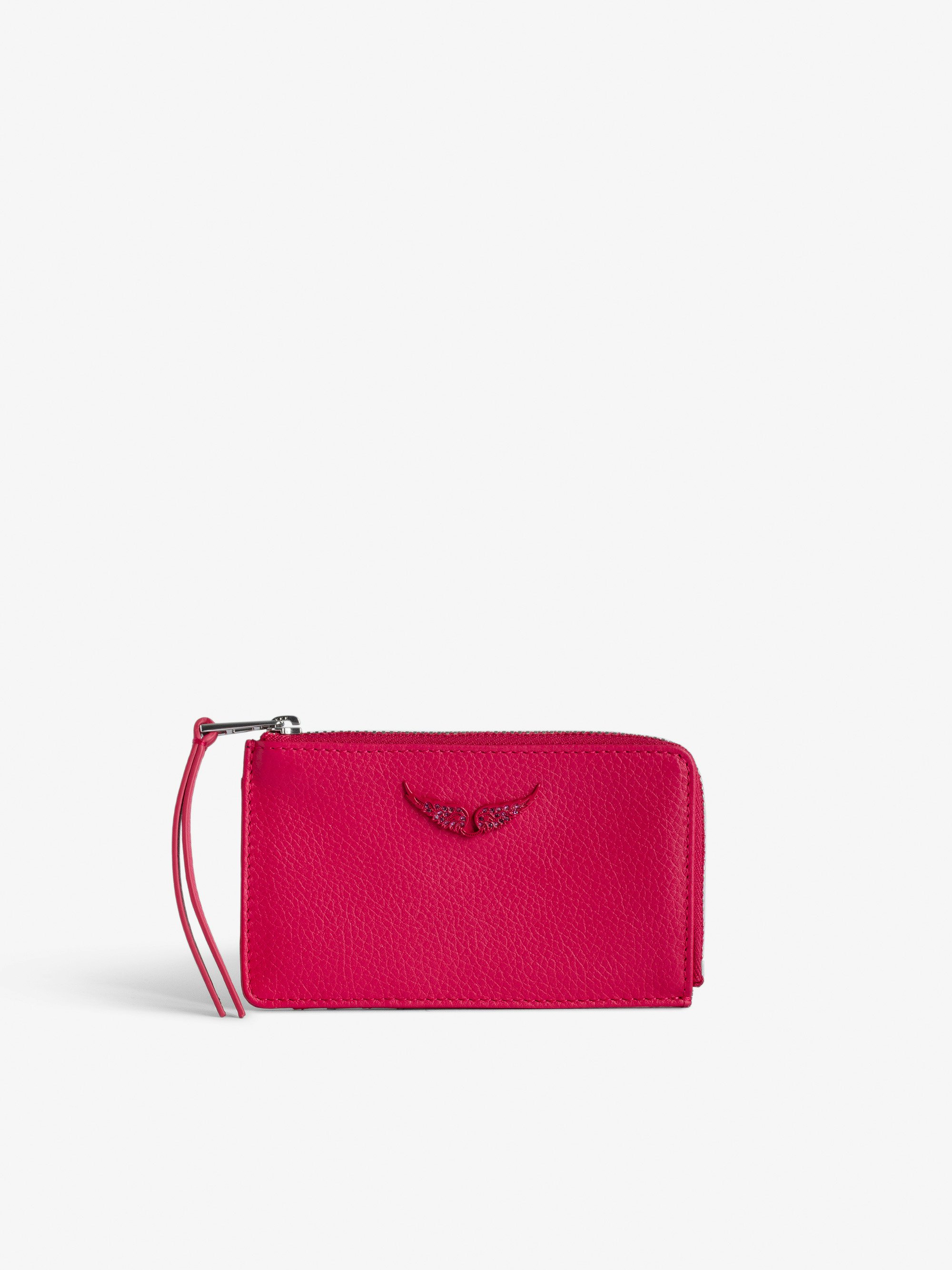 ZV Card Card Holder - Women’s pink grained leather card holder with wings charm.