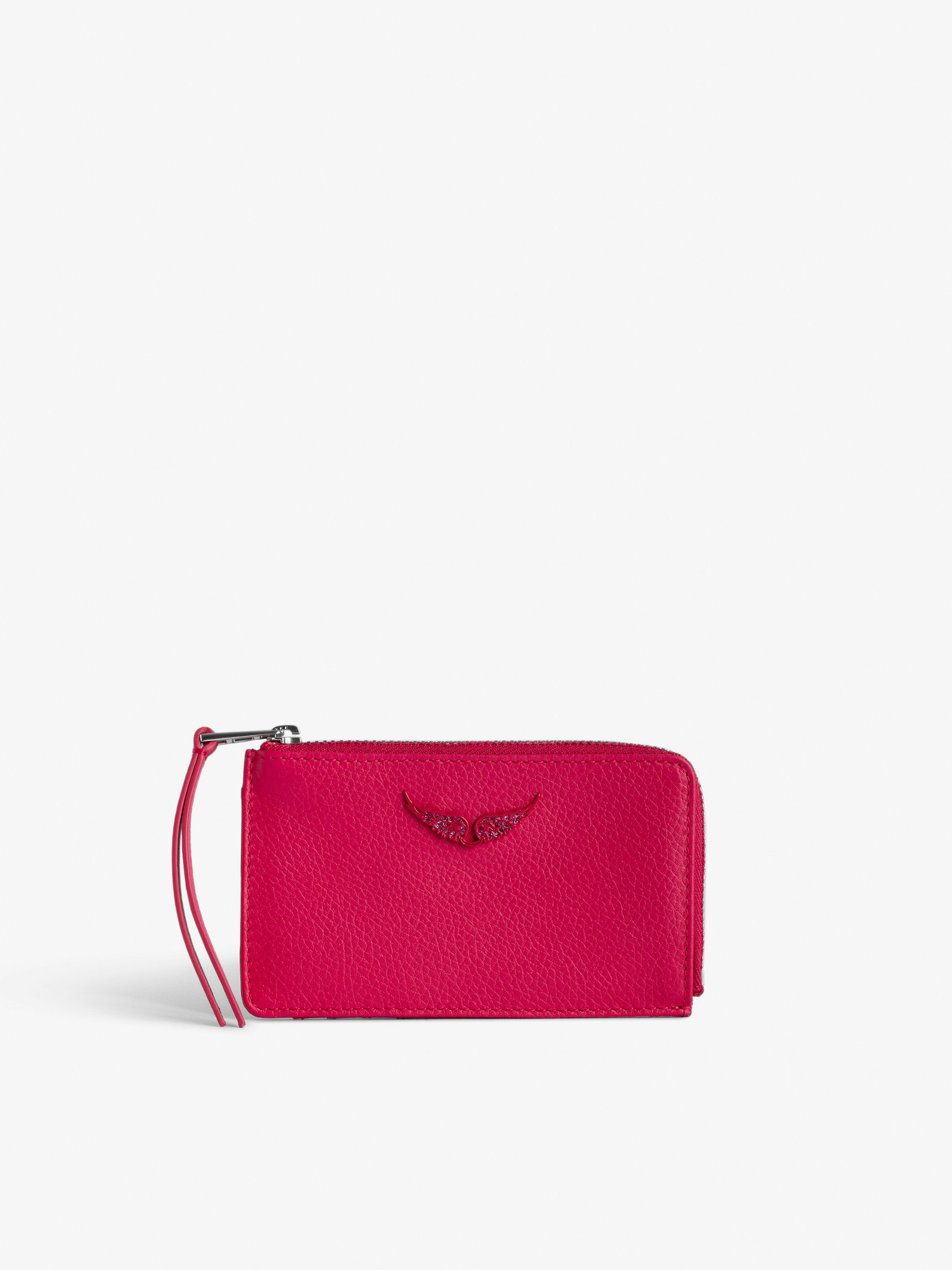 ZV Card Card Holder - Women’s pink grained leather card holder with wings charm.