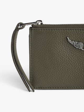 ZV Card Cardholder - Kaki grained leather card holder adorned with crystal wings.