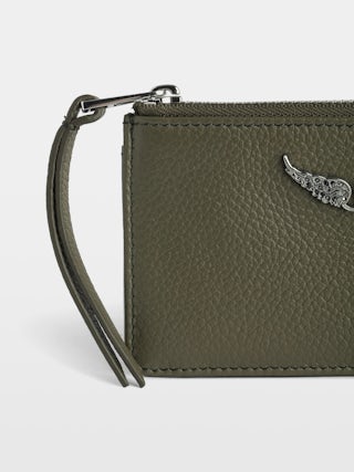 Card Holder ZV Card - Kaki grained leather card holder adorned with crystal wings.