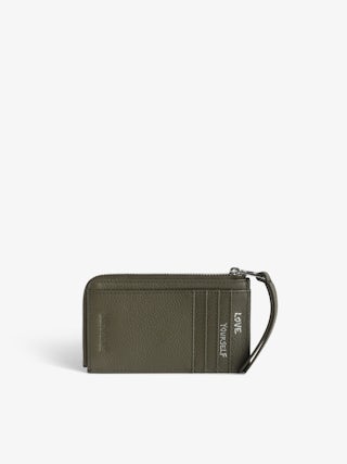 ZV Card Cardholder - Kaki grained leather card holder adorned with crystal wings.