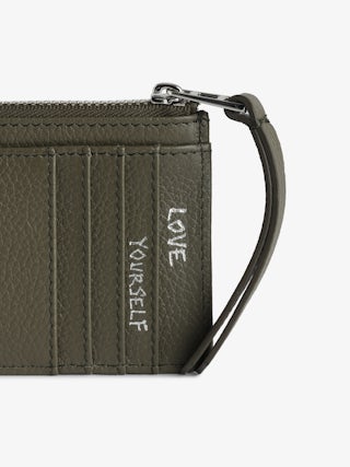 ZV Card Cardholder - Kaki grained leather card holder adorned with crystal wings.