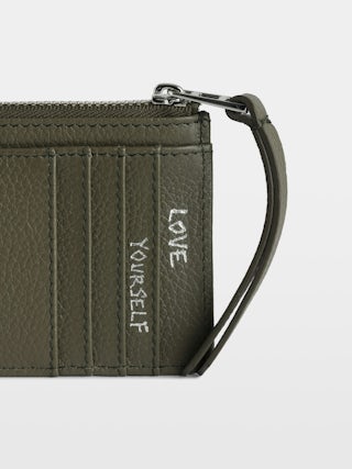 Card Holder ZV Card - Kaki grained leather card holder adorned with crystal wings.