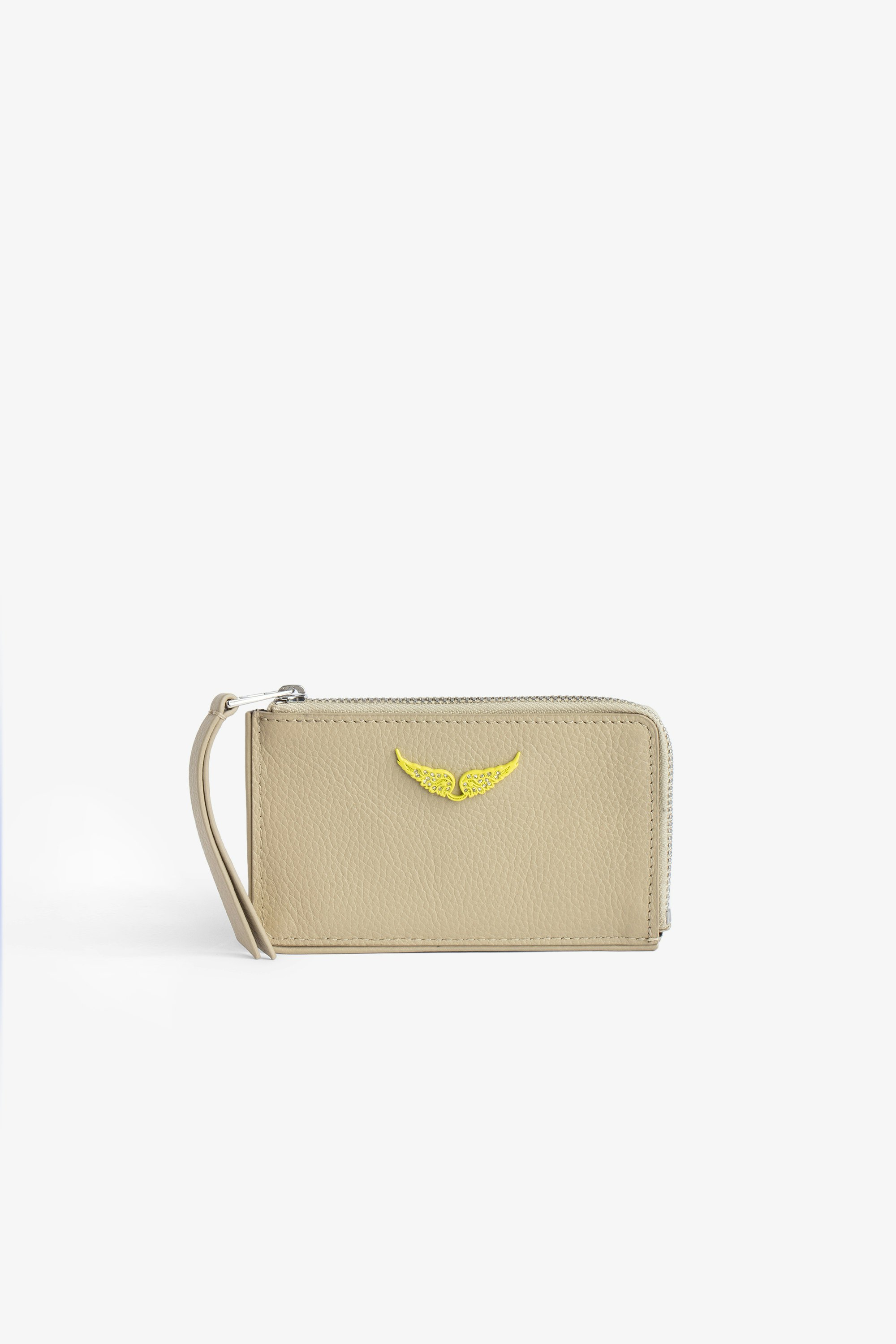 ZV Card Case Women’s zipped card holder with slots in beige smooth leather with yellow wings