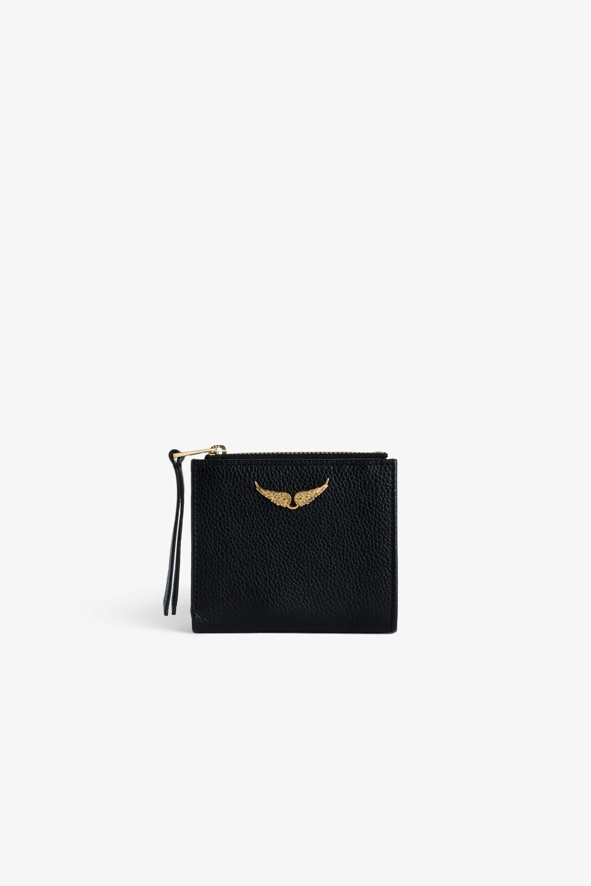 Portemonnaie ZV Fold Schwarzes Portemonnaie aus genarbtem Leder mit goldenem Flügel-Charm mit Strass für Damen.