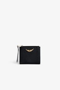 ZV Fold Coin Purse - Women’s black grained leather coin purse with gold-tone diamanté wings charm.