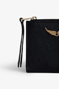 ZV Fold Coin Purse - Women’s black grained leather coin purse with gold-tone diamanté wings charm.