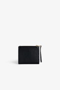 ZV Fold Coin Purse - Women’s black grained leather coin purse with gold-tone diamanté wings charm.