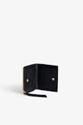 ZV Fold Coin Purse - Women’s black grained leather coin purse with gold-tone diamanté wings charm.