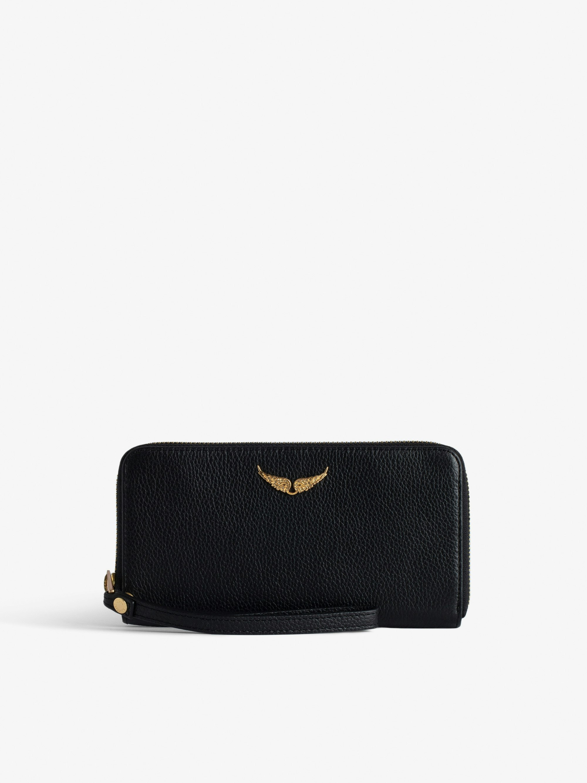 Brieftasche Compagnon - Schwarze Brieftasche aus genarbtem Leder mit einem Flügel-Charm für Damen.
