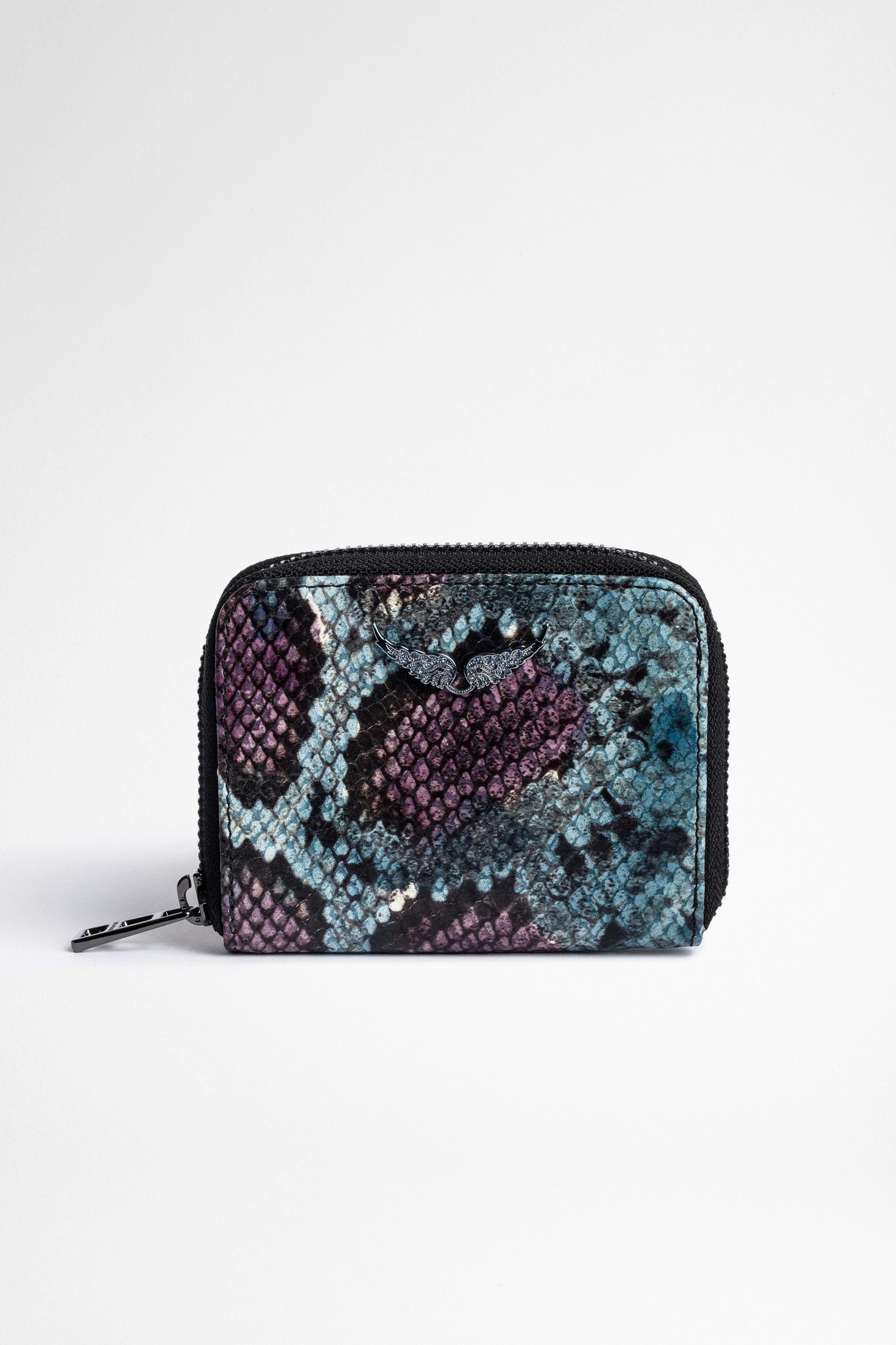 Mini-Portemonnaie ZV Brieftasche aus violettem Leder in Python-Optik für Damen