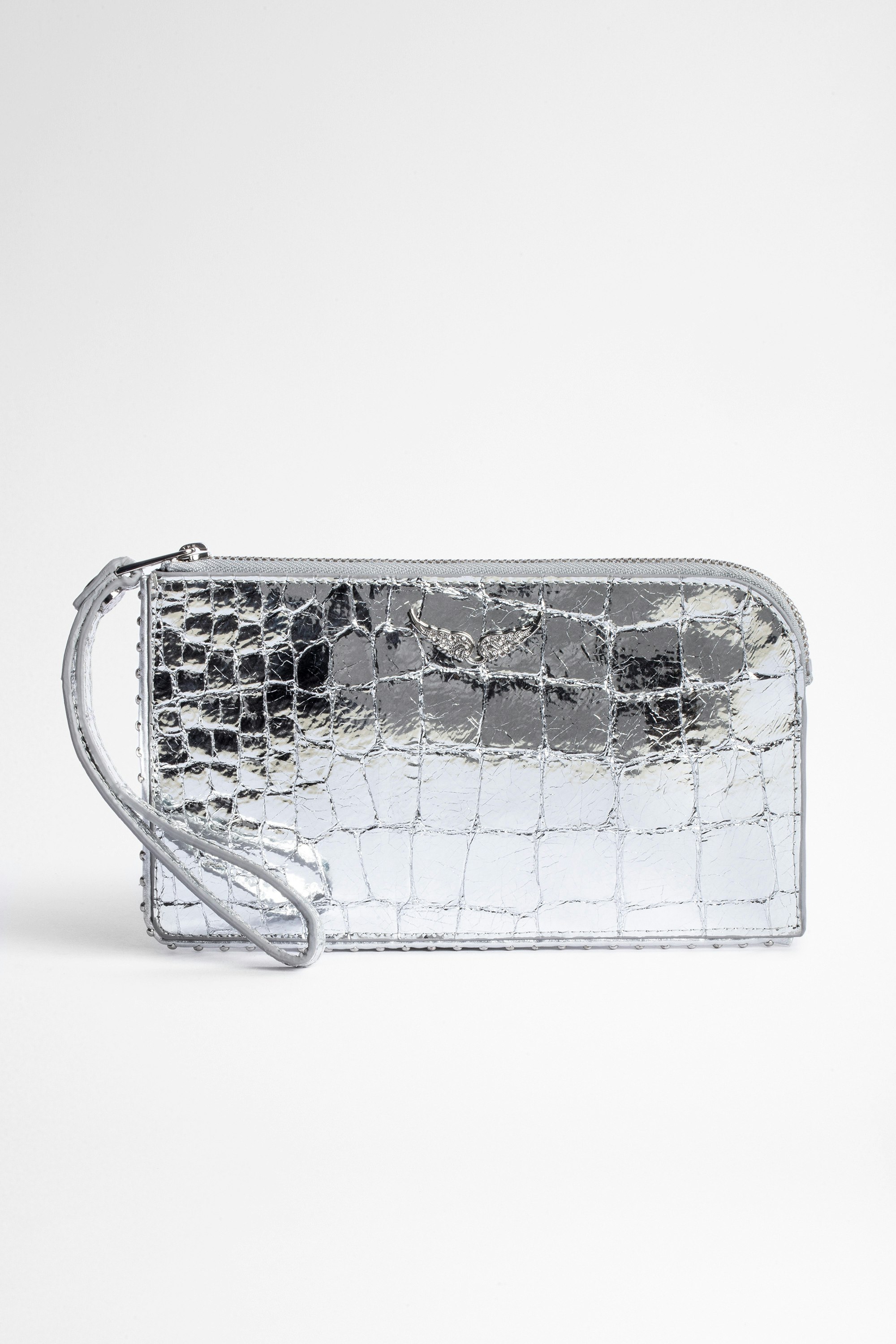 Embossed Phone Wallet Phone pouch in silver leather embossed with a crocodile pattern