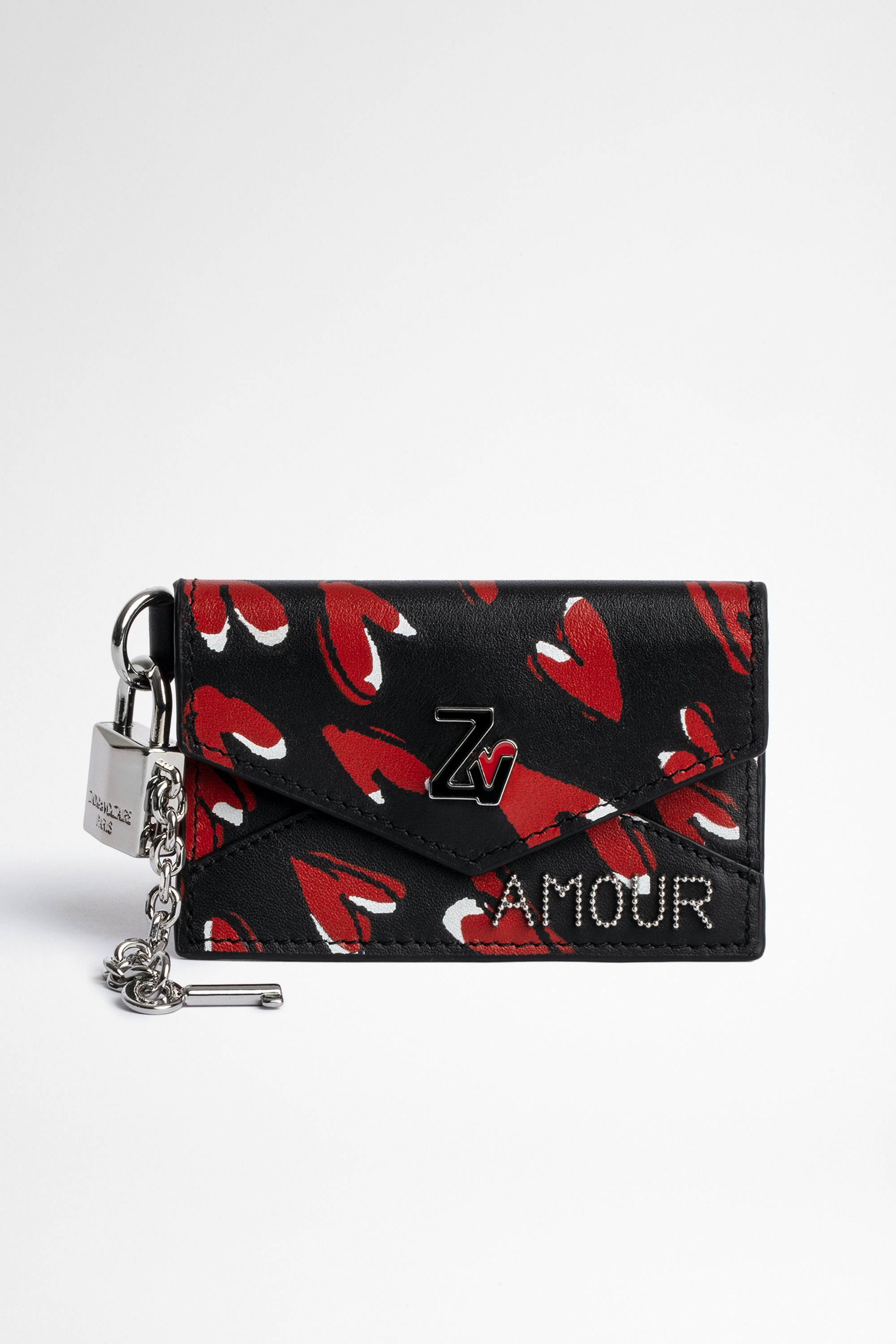 ZV Crush Pass Card Holder Leather Small women's card holder in black grained leather with all-over heart print