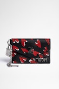 ZV Crush Pass Card Holder Leather - Small women's card holder in black grained leather with all-over heart print
