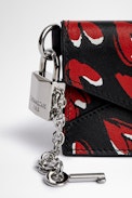 ZV Crush Pass Card Holder Leather - Small women's card holder in black grained leather with all-over heart print