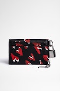 ZV Crush Pass Card Holder Leather - Small women's card holder in black grained leather with all-over heart print