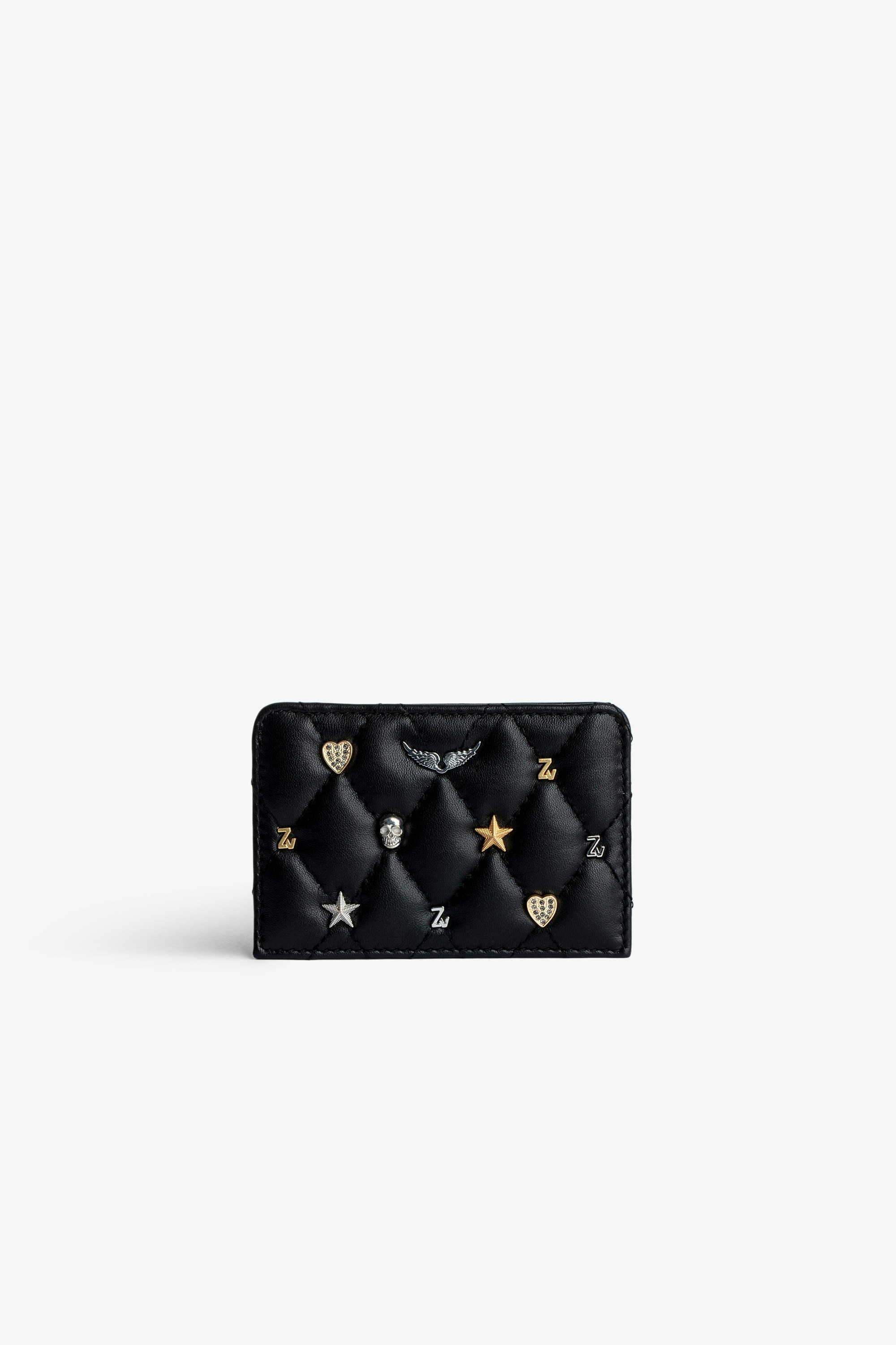 ZV Pass Card Holder - Women’s black quilted leather card holder with silver- and gold-tone charms