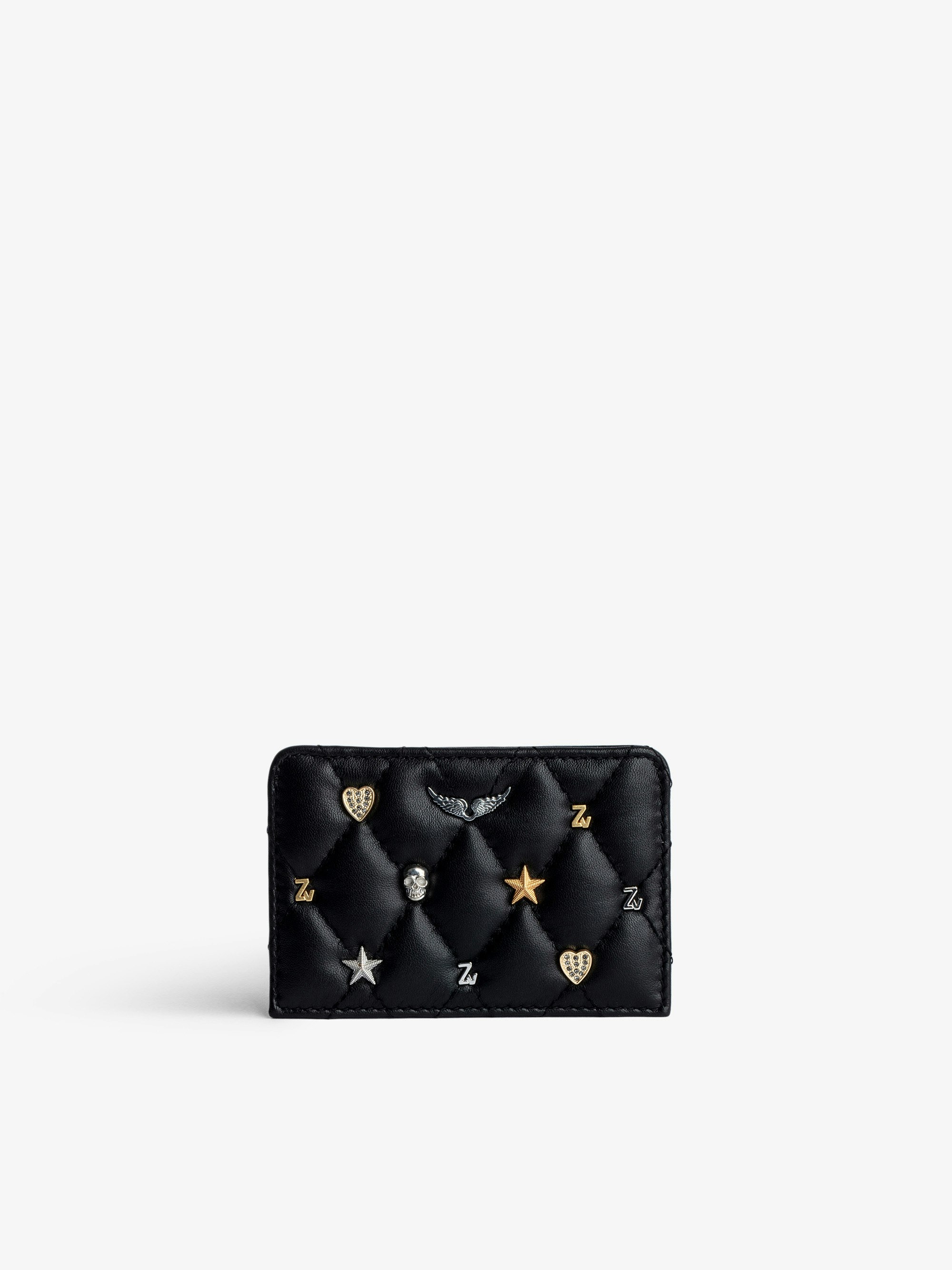ZV Pass Card Holder - Women’s black quilted leather card holder with silver- and gold-tone charms.