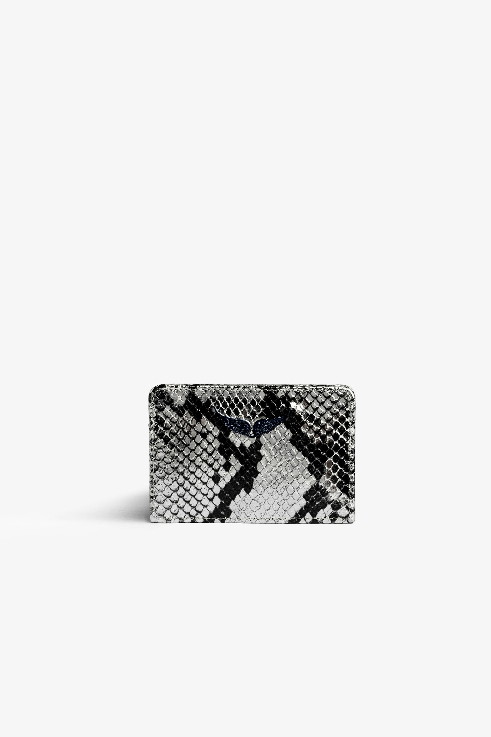 ZV Pass Card Holder Women’s silver metallic snake-embossed leather card holder with crystal-embellished wings charm