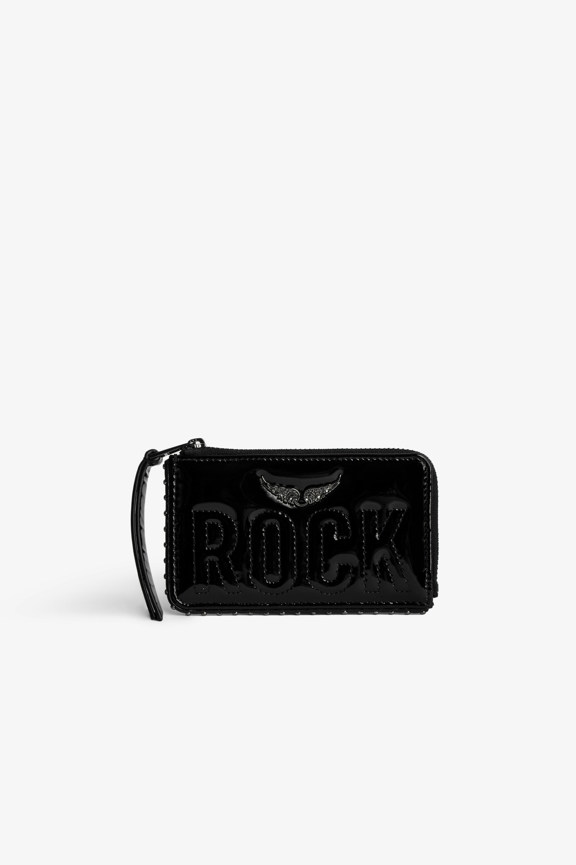 ZV Card 財布 Women’s black patent leather zipped card holder with slots, topstitched “Rock” slogan and crystal-embellished wings charm
