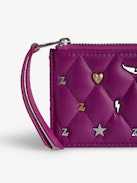 ZV Card Card Holder - Fuchsia smooth and quilted leather card holder with wings charm and lucky charms.