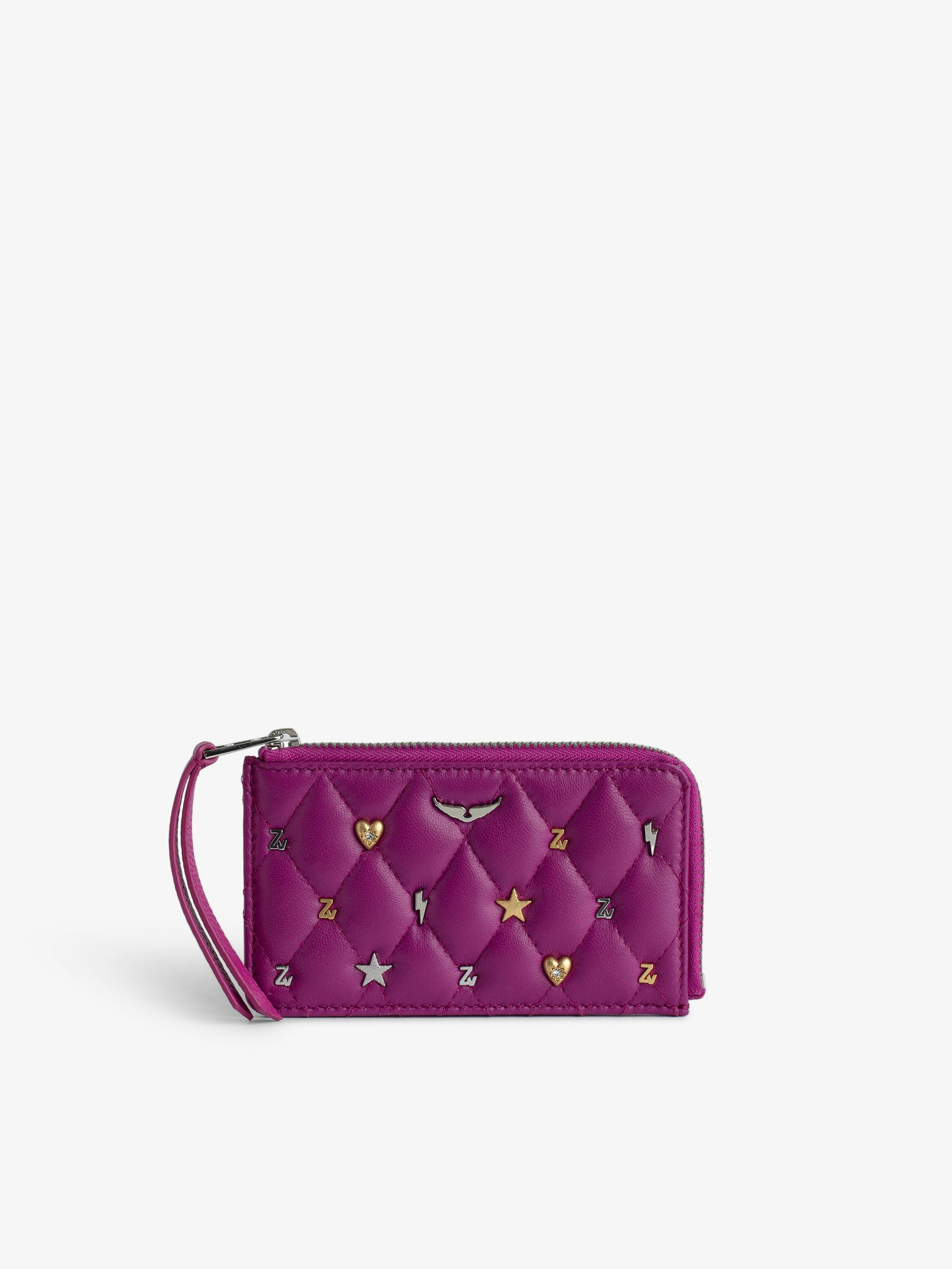 ZV Card Card Holder - Fuchsia smooth and quilted leather card holder with wings charm and lucky charms.