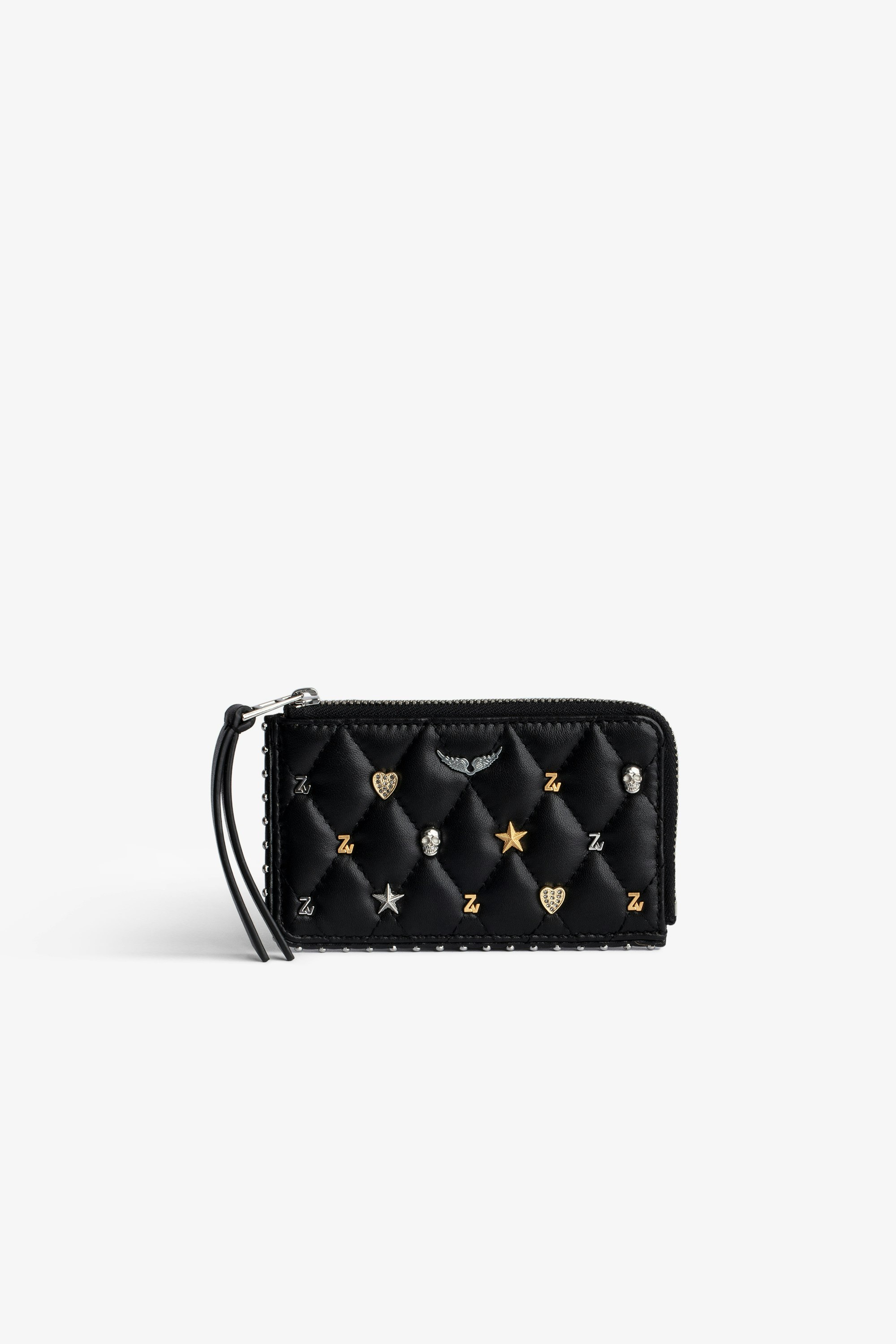 ZV Card Card Holder Women’s black quilted leather zipped card holder with silver- and gold-tone charms.