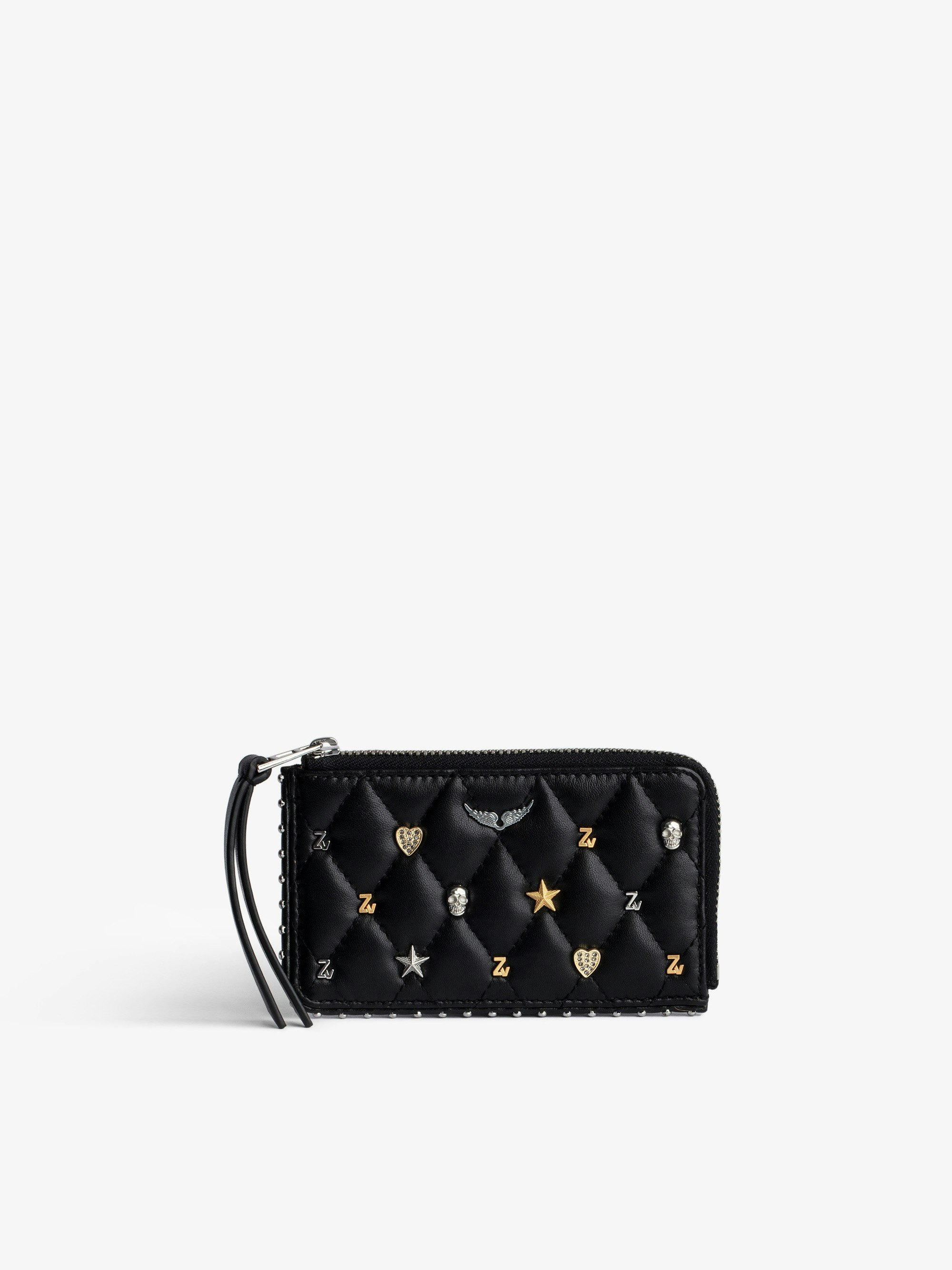 ZV Card Card Holder - Women’s black quilted leather zipped card holder with silver- and gold-tone charms.