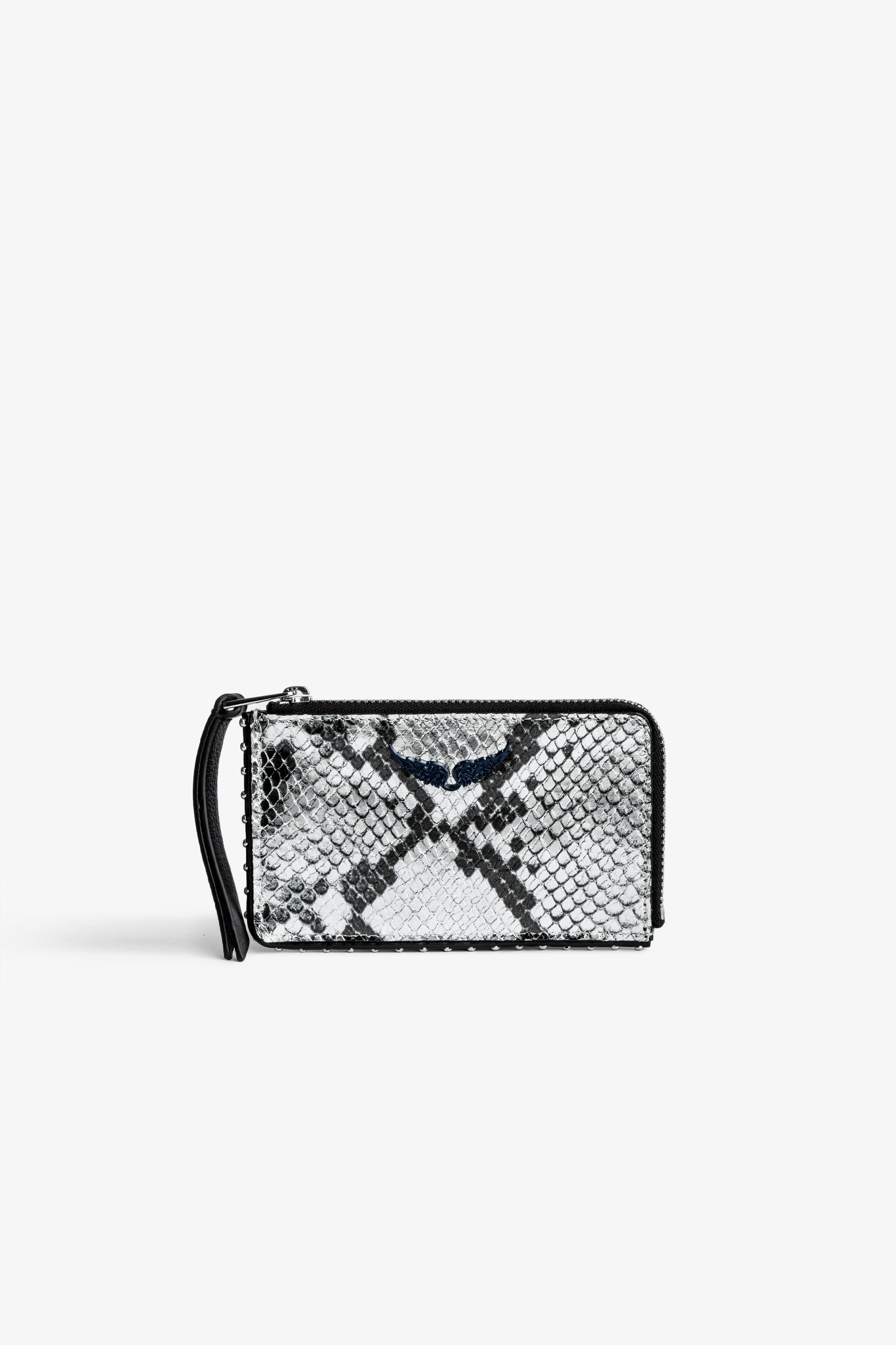 ZV Card 財布 Women’s silver metallic snake-embossed leather zipped card holder with slots and crystal-embellished wings charm