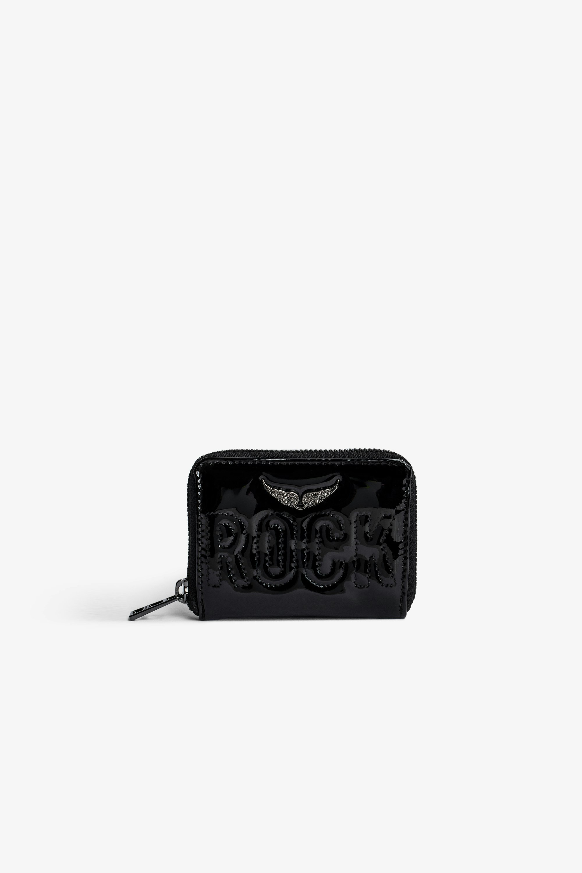 Mini ZV Coin 財布 Women’s black patent leather zipped coin purse with topstitched “Rock” slogan and crystal-embellished wings charm