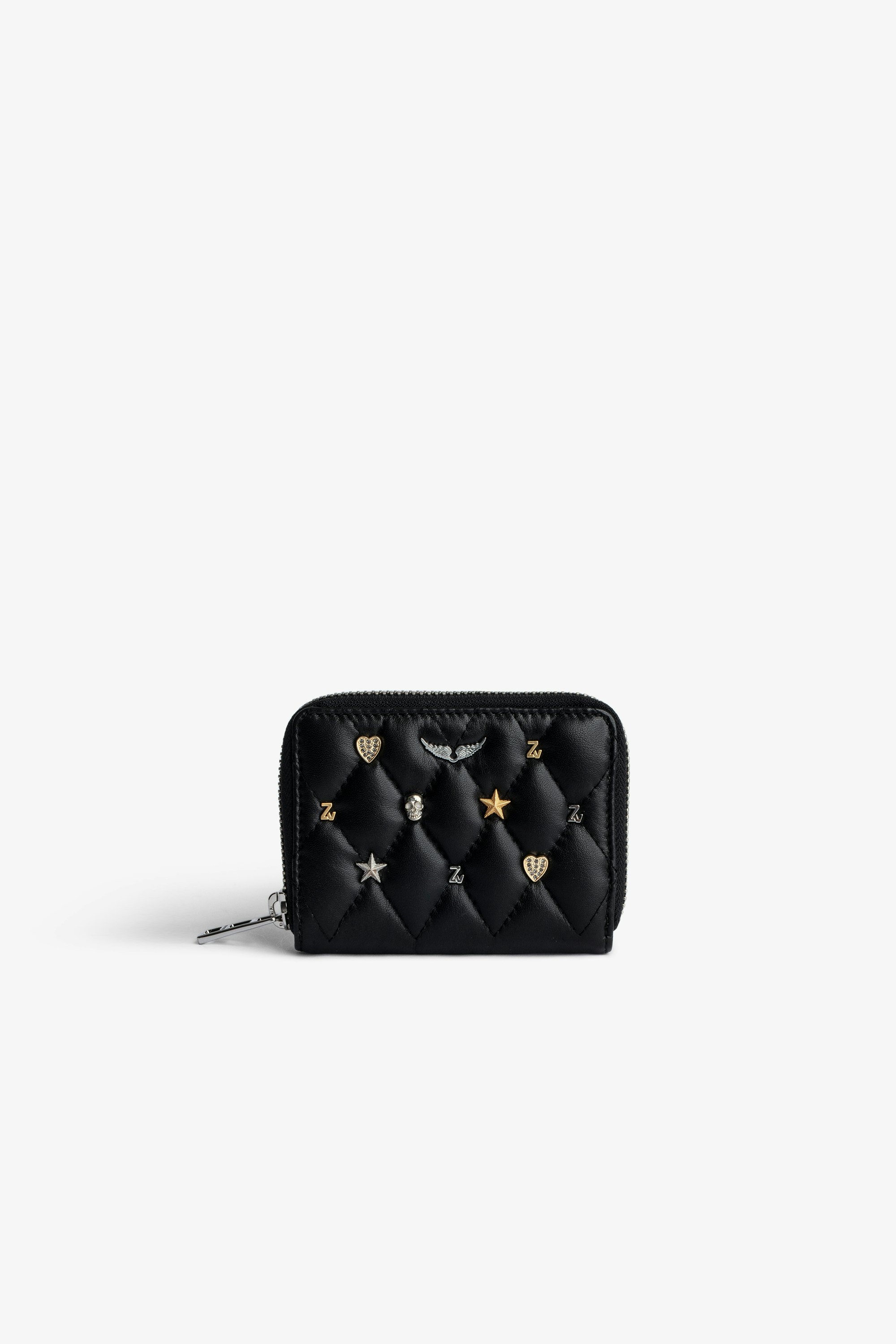 Geldbörse Mini ZV - Schwarzes Damen-Portemonnaie mit Reißverschluss aus gestepptem Leder mit silber- und goldfarbenen Charms.