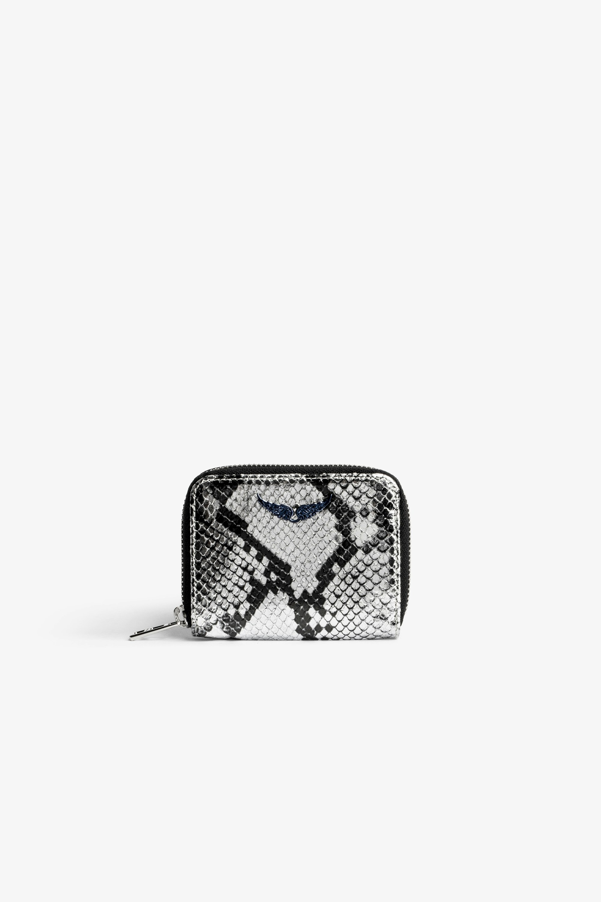 Portemonnaie Mini ZV Damen-Portemonnaie mit Reißverschluss aus silberfarbenem Metallic-Leder in Schlangenoptik mit einem kristallbesetzten Flügel-Charm