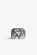 Mini ZV Coin Purse - Women’s silver metallic snake-embossed leather zipped coin purse with crystal-embellished wings charm