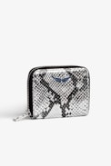 Mini ZV Coin Purse - Women’s silver metallic snake-embossed leather zipped coin purse with crystal-embellished wings charm