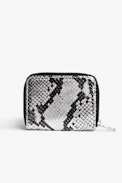 Mini ZV Coin Purse - Women’s silver metallic snake-embossed leather zipped coin purse with crystal-embellished wings charm