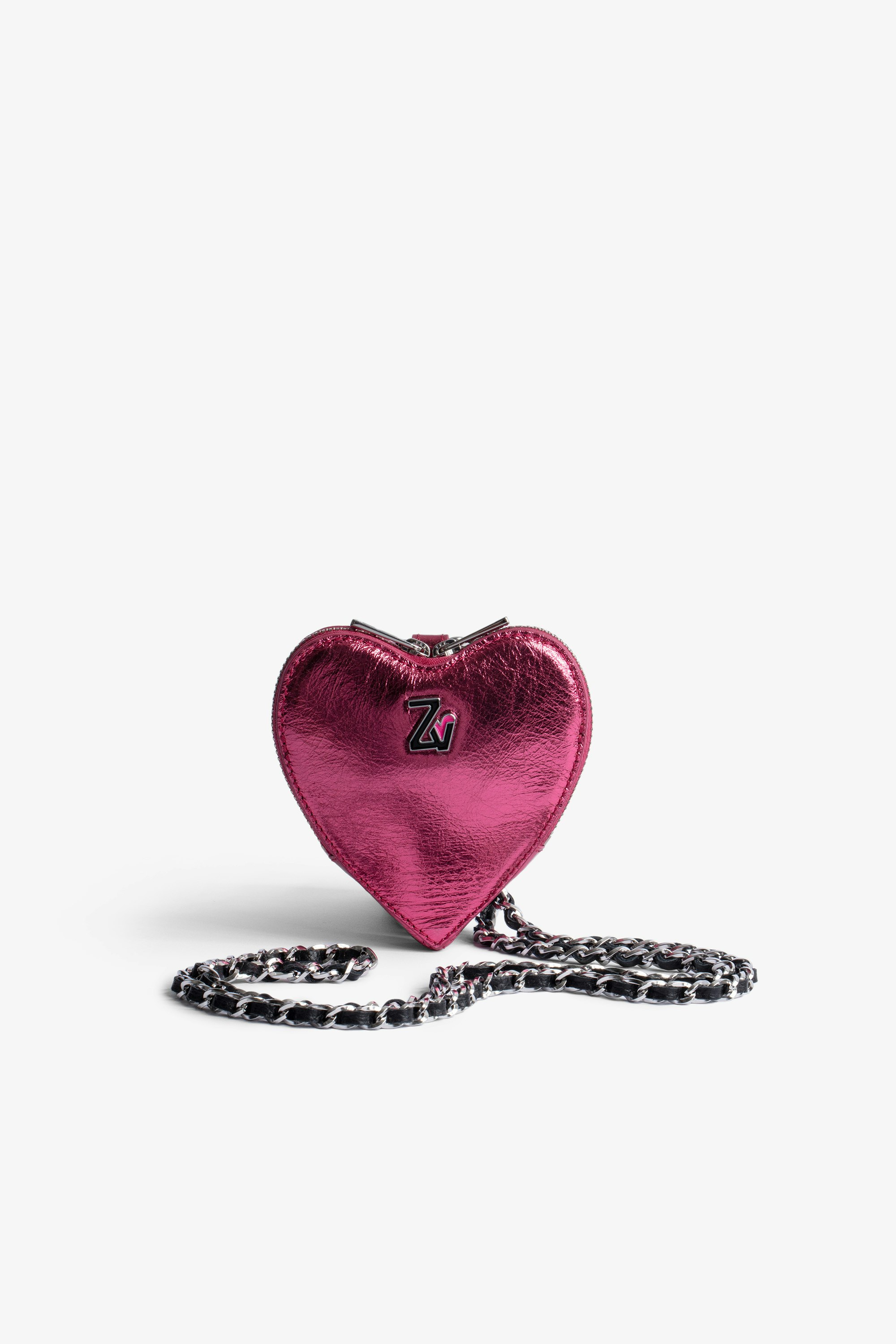 ZV Crush Le Coeur クラッチバッグ Women’s heart clutch with shoulder strap in pink metallic leather
