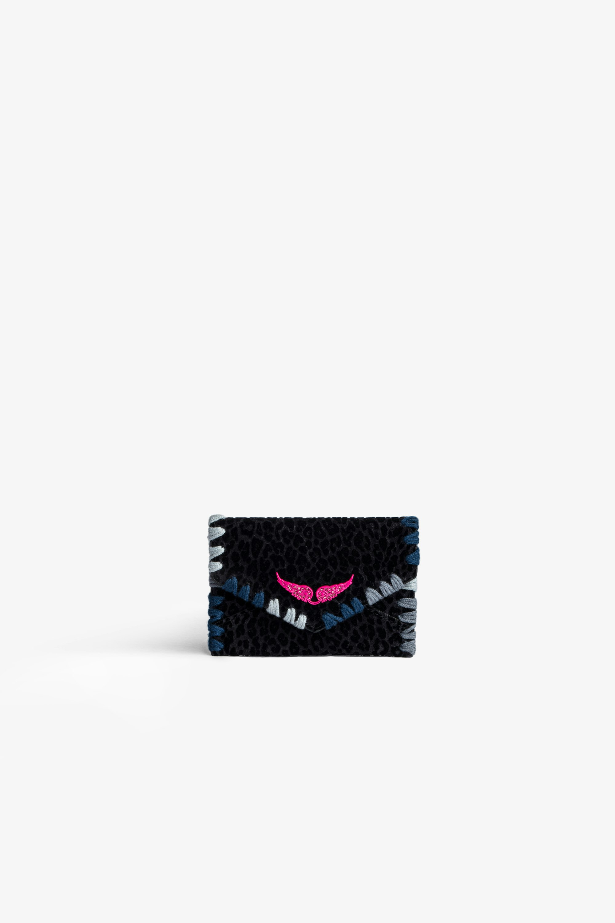 Enveloppe クラッチバッグ Enveloppe clutch in blue leopard-print suede with coloured embroidery 