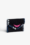 Enveloppe Clutch - Enveloppe clutch in blue leopard-print suede with coloured embroidery