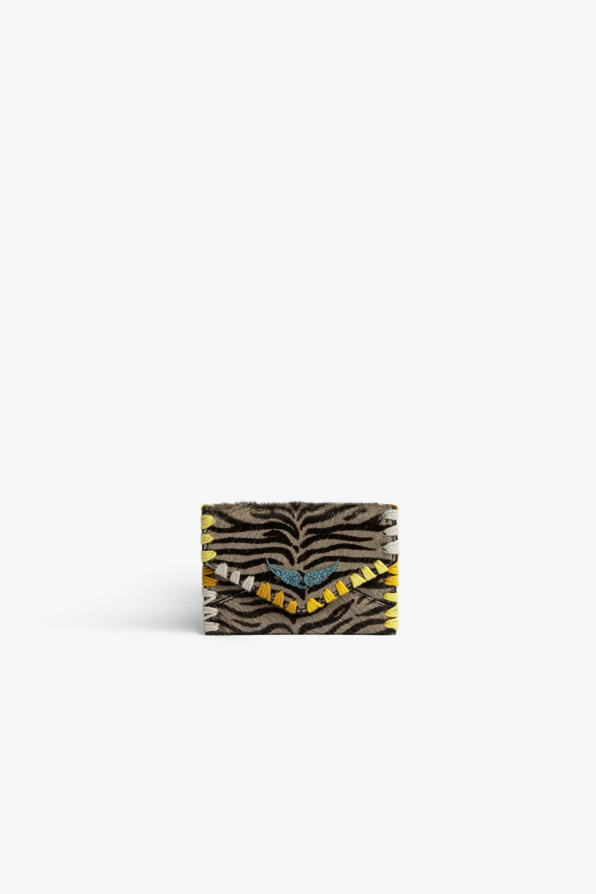 Clutch Enveloppe Clutch Enveloppe aus taupefarbenem Leder mit Zebraprint und kontrastierenden Stickereien 