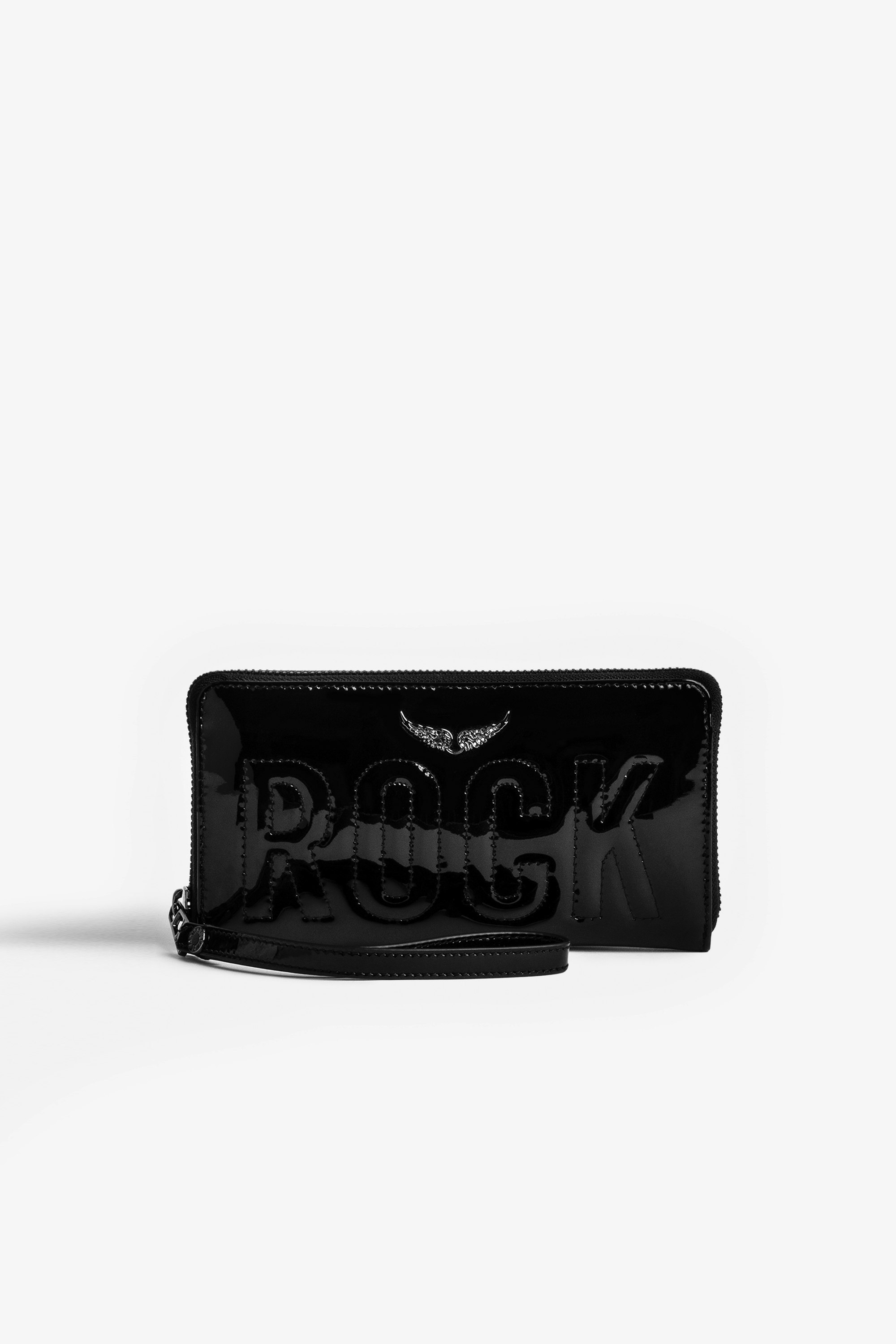 Brieftasche Compagnon Damen-Portemonnaie Compagnon aus glänzendem schwarzen Leder mit aufgestepptem Schriftzug „Rock“ und einem kristallbesetzten Flügel-Charm