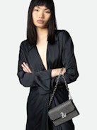 ZV Initiale Le Long Wallet - Women’s black leather wallet-style clutch with crystal embellishment, shoulder strap, and snake ZV clasp