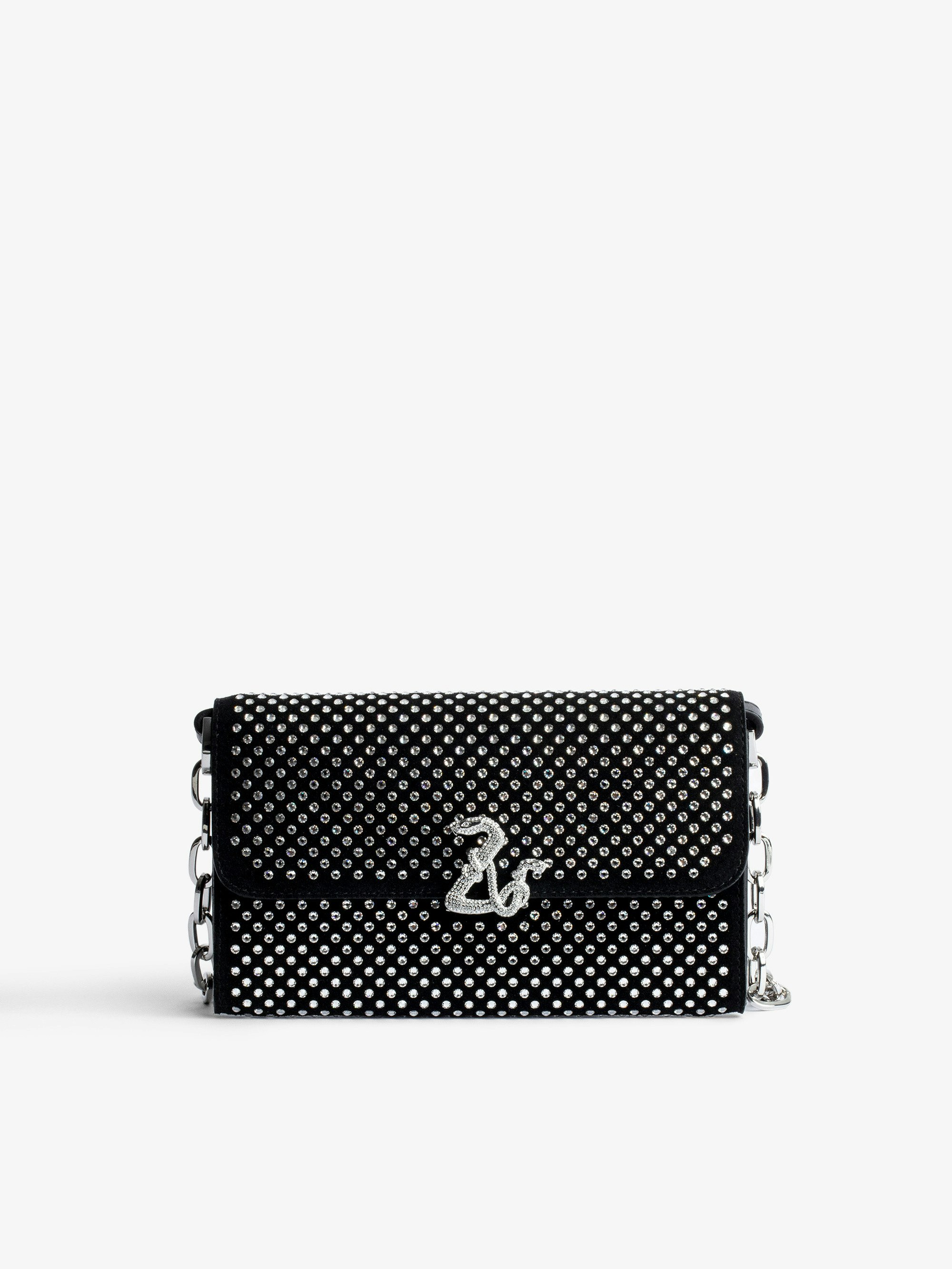 ZV Initiale Le Long Wallet - Women’s black leather wallet-style clutch with crystal embellishment, shoulder strap, and snake ZV clasp